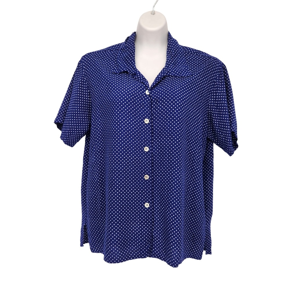 Vtg 90s Esprit Polka Dot Button Down Shirt Navy Blue Short Sleeve Ponie Top S